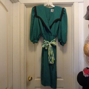 VINTAGE EDWARDIAN STY DARK ACADEMIA GIRL GREEN & BLACK HOUNDSTOOTH MIDI DRESS 12